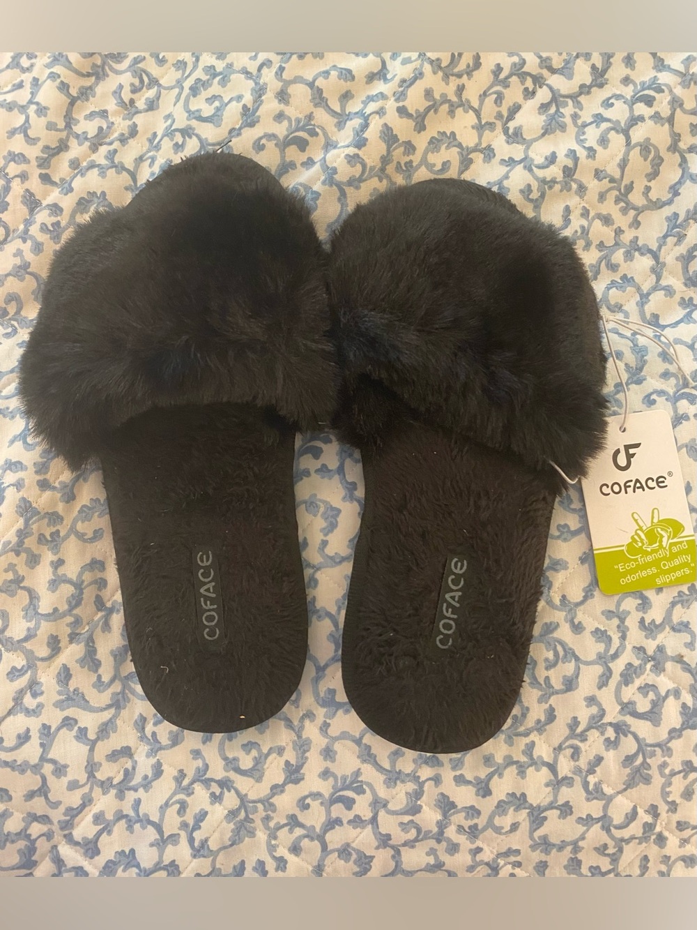 Coface Faux Fur Slide Slippers Black Women’s Size 6 New With Tags